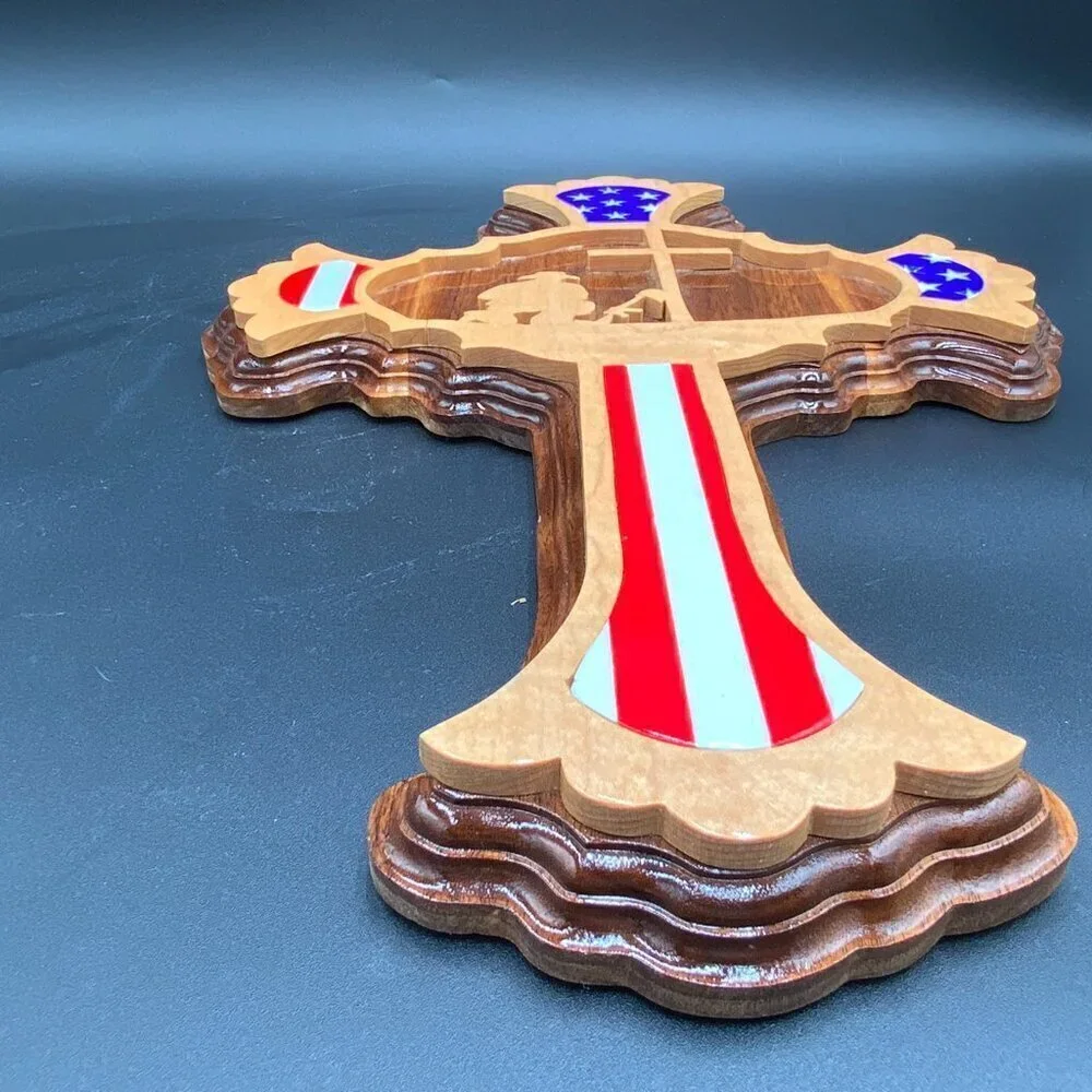 Handcrafted Craig Caudill Wooden USA Flag American Fallen Soldier Memorial Cross